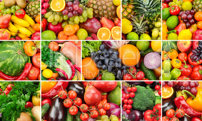 Collage of healthy foods. Fruits and vegetables.