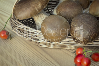 White strong mushrooms in a basket on the table surface