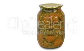 Canned cucumbers in glass jar on white background.