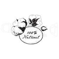 Cotton label. Natural material sign with cotton flower boll. Flo