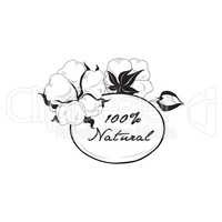 Cotton label. Natural material sign with cotton flower boll. Flo