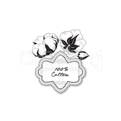 Cotton label. Natural material sign with cotton flower boll. Flo