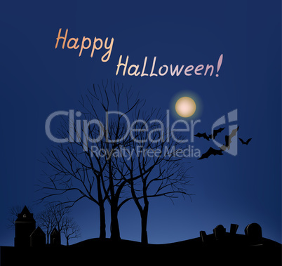 Halloween greeting card background. Holiday landscape with grave