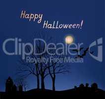 Halloween greeting card background. Holiday landscape with grave