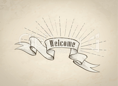 Welcome sign over ribbon, retro background. Vintage doodle banner