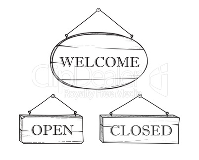Welcome, open, closed plank sign set. Vintage doodle wooden signboard