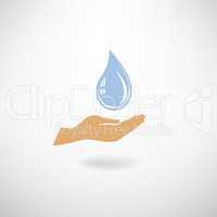 Drop icon in hand silhouette, white background. Save water sign