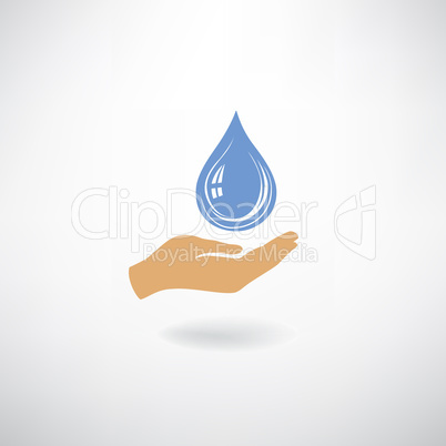Drop icon in hand silhouette, white background. Save water sign