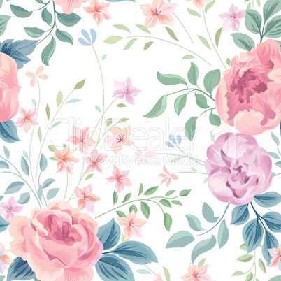 Floral seamless pattern. Garden flower rose and leaves on white