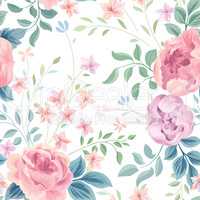 Floral seamless pattern. Garden flower rose and leaves on white