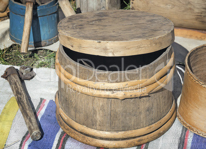 Oak barrel and the objects of rural life.