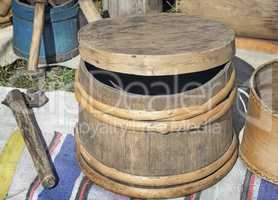Oak barrel and the objects of rural life.