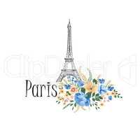 Paris background. Floral Paris sign with flowers, Eiffel tower.