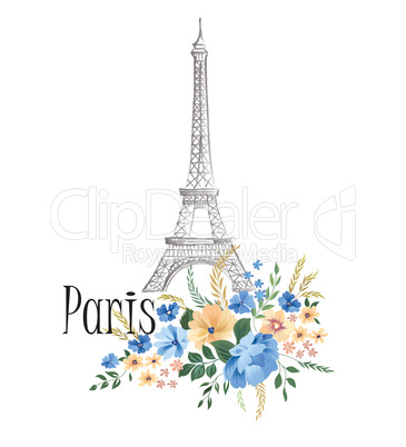 Paris background. Floral Paris sign with flowers, Eiffel tower.