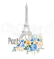 Paris background. Floral Paris sign with flowers, Eiffel tower.