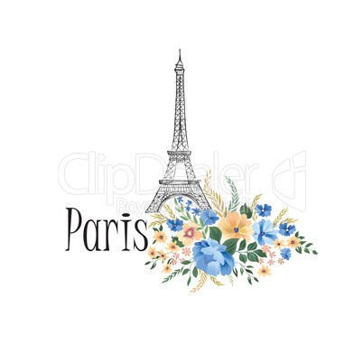 Paris background. Floral Paris sign with flowers, Eiffel tower.