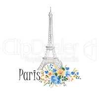 Paris background. Floral Paris sign with flowers, Eiffel tower.