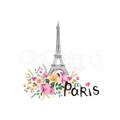 Paris background. Floral Paris sign with flowers, Eiffel tower.