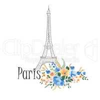 Paris background. Floral Paris sign with flowers, Eiffel tower.