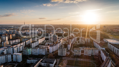 Riga city Autumn buildings living houses Drone flight above and sunrise