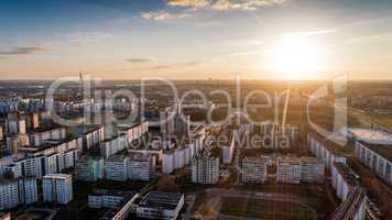 Riga city Autumn buildings living houses Drone flight above and sunrise