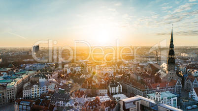 Riga city Autumn sunrise buildings Old Down Town Drone