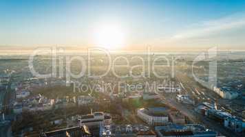 Riga city Autumn sunrise buildings living houses Drone