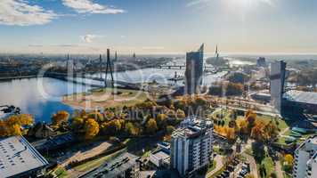 Riga city bridge Autumn Drone flight trafics ans cars above