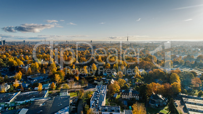 Riga city Autumn sunrise buildings living houses Drone