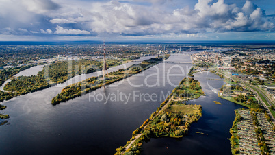 Riga city TV Tower Autumn Drone flight above and sunrise