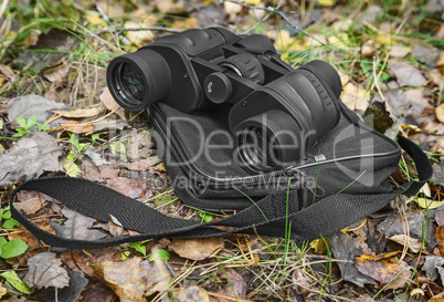 The binoculars and case binoculars on the background of autumn leaves.