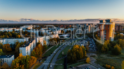 Riga city Autumn sunrise buildings living houses Drone