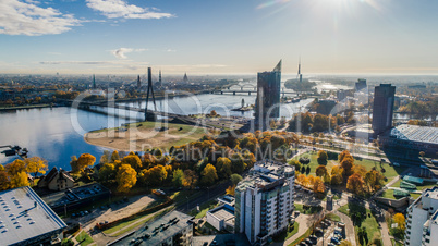 Riga city Autumn sunrise buildings living houses Drone