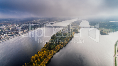 Riga city Autumn sunrise buildings Drone near Daugava river