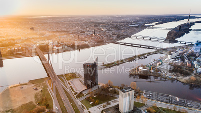 Riga city Autumn sunrise buildings living houses Drone