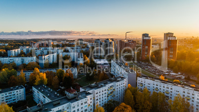 Riga city Autumn sunrise buildings living houses Drone