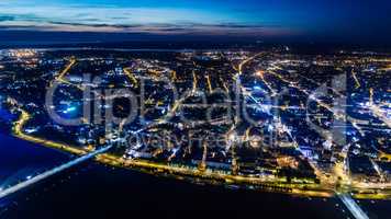 Riga city Night time bridge Autumn Drone flight
