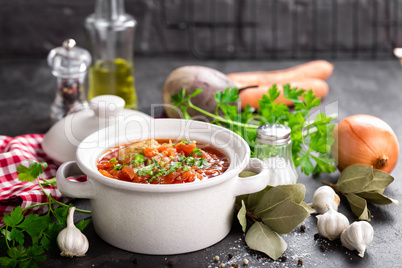 Borscht, traditional ukrainian beetroot vegetable soup