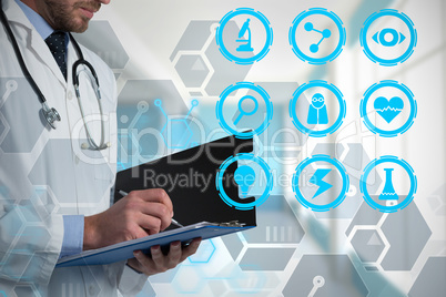 Composite image of mid-section of male doctor writing on clipboard