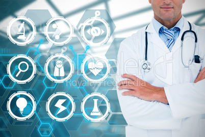 Composite image of serious doctor looking at camera
