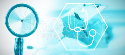 Composite image of digital background with stethoscope sign