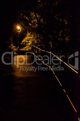 Street light lighting up trees and pathway.