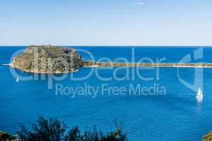 Panoramic daytime view from West Head Lookout to Barrenjoey Headland, Pittwater, Australia.