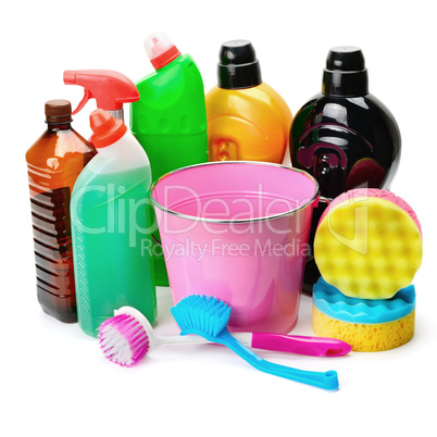 set of household chemicals, bucket and brushe for cleaning isola
