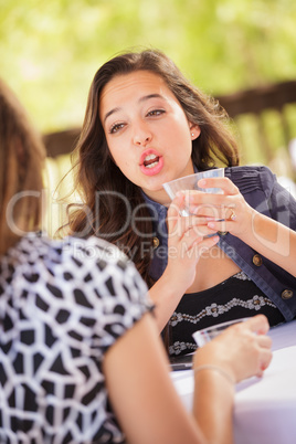 Expressive Young Adult Woman Having Drinks and Talking with Her