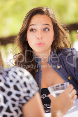 Expressive Young Adult Woman Having Drinks and Talking with Her