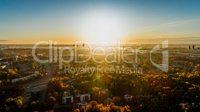 Riga city Autumn sunrise buildings living houses Drone