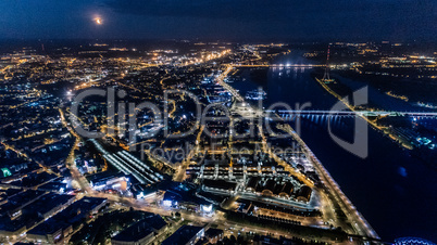 Riga city Night time bridge Autumn Drone flight