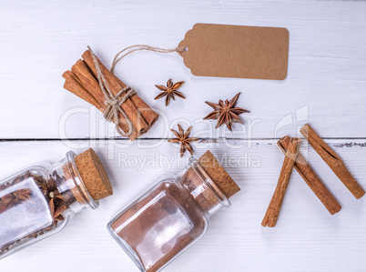 cinnamon stick, cinnamon powder and spice star anise