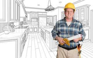 Male Contractor With House Plans Wearing Hard Hat In Front of Cu